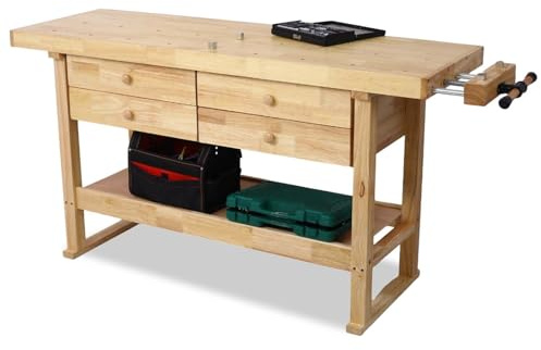 60 Rubber Wood Workbench, Heavy Duty Work Bench with Drawer & Shelf, Work Bench Table for Garage, Workshop, Home Storage, Woodworking Bench, 330 lbs Weight Capacity (60)