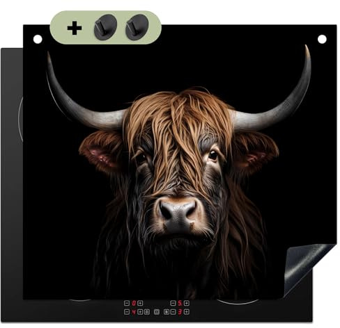 KitchenYeah© Herdabdeckplatte Einteilig Ceranfeld Abdeckplatte Küche Deko | 60x52 cm - Ceranfeldabdeckung Herdabdeckung Induktionsmatte, Spritzschutz Herd Schottische Hochlandrind - Kuh - Schwarz