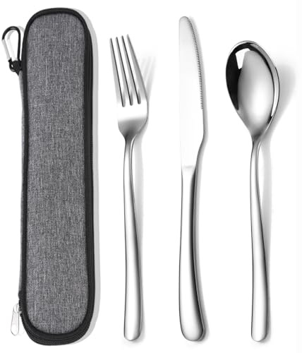 MURRI&MURRDI Set di posate per 1 persona, 3 pezzi, riutilizzabili, posate in acciaio inox lucidato, coltello da campeggio, forchetta, cucchiaio con tasca, lavabile in lavastoviglie (3 argentato)