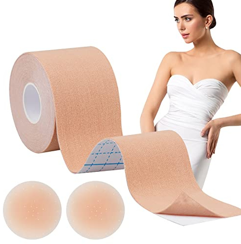 Hbaid Boob Tape Brust Tape Set-Klebe BH Unsichtbar Push Up für Große Brust (A-G Körbchen), 2 Wiederverwendbare Silikon Brustblüten & Testpflaster | Ideal für Hochzeiten, Partys & rückenfreie Kleider