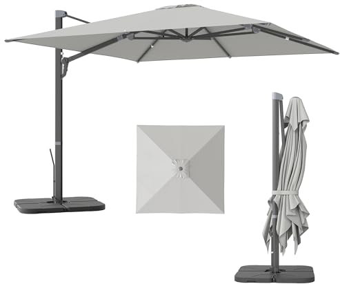 Outsunny Ombrellone da Giardino a Manovella 3.6x3 m Inclinabile e Girevole a 360°, Ombrellone Decentrato a Braccio con Base a Croce e Presa d'Aria, in Poliestere 250g/㎡ e Alluminio, Grigio Chiaro