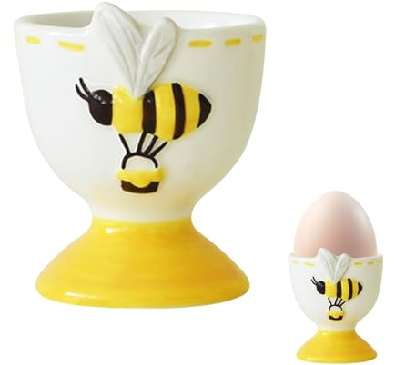 FONDUO Biene Eierbecher, Eierbecher Porzellan Lustig Eierhalter Weiß Eier Halter Keramik Frühling Heimdekoration Eierschale Tischdeko Eierständer für Rohes Gekochtes Eggs Brunch (A)