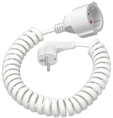 Skyddskontakt spiralförlängning, 3 m töjbar (0,9–3 m), 230 V/16 A skyddskontakt förlängning, PVC-spiralledning för kök, kontor, verkstad, vit
