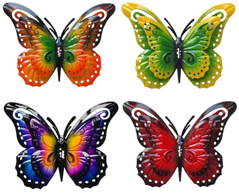 Tsilin 4 Pcs Metal Butterflies Garden Decor,Double Layered Butterfly Statues Wall Art Decor Hanging Ornament for Outdoor Backyard Porch Patio Fence Home Decortions