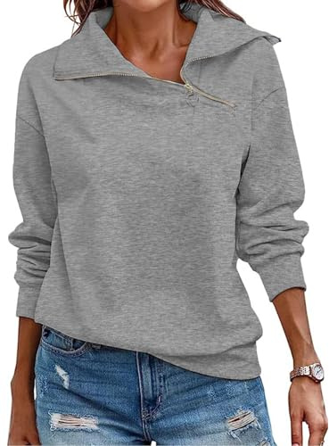 Cuptacc Sweatshirts for Women Jumpers Ladies Tops Long Sleeve Quarter Zip Jumper Stand Up Lapel Collar Thermal Pullover Dark Gray, Large L 16-18