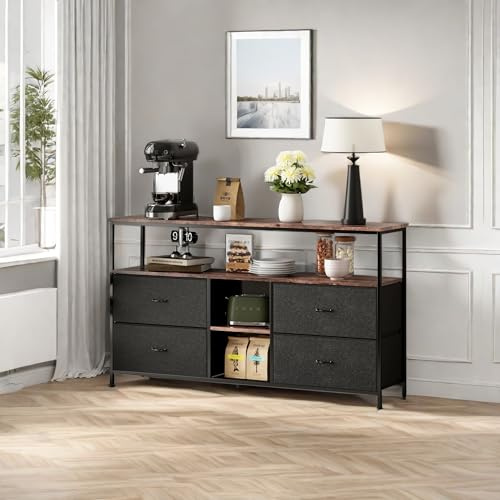 TV Schrank mit LED-Leuchten 137×30×78, Fernsehtisch mit 4 Schubladen, 3 offenen Fächern, TV Lowboard mit verstellbarem Glasregal Stand für Wohnzimmer, Schlafzimmer, Schwarz (Schwarz, 137 × 30 × 78 cm)