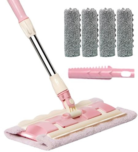 Xasbseulk Trapeador de polvo para suelos de madera dura, trapeador de limpieza con 4 almohadillas lavables, herramienta telescópica giratoria de 360 grados para limpieza de azulejos laminados de