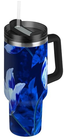 Amooorous Aesthetic Flower Royal Blue_4 - Botella de agua reutilizable al vacío, tapa a prueba de fugas y pajilla, taza decorativa de acero inoxidable para agua, té helado o café, vasos para bebidas