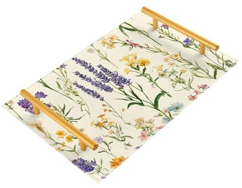 Bandejas decorativas de flores de primavera beige lavanda con asas con asas, bandeja de mesa de café para joyería, perfume, para servicio de alimentos, bandejas para desayuno