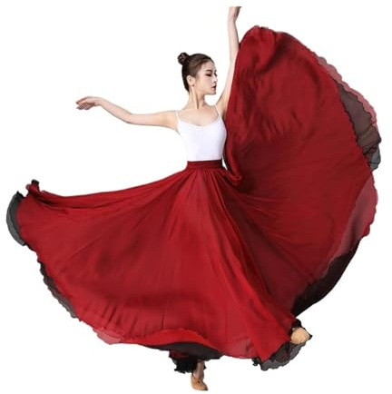 WDSBZNB Gonna a Ruota Intera Abito da Allenamento for Danza Etnica Classica, Gonna Lunga, Gonna a Doppio Strato con Elastico in Vita e Ampia Gonna a sbalzo(Wine Red Black2,Skirt Length 80cm)