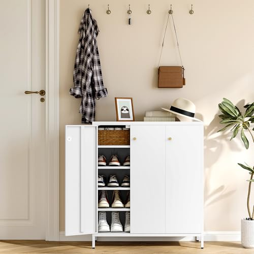 Sightlife Schuhschrank Schuhregal Metall Aufbewahrungsschrank mit 3 Türen Kommode Sideboard Flurschrank Mehrzweckschrank mit höhenverstellbaren Ablagen 90 x 108 x 40 cm (BxHxT) Weiß