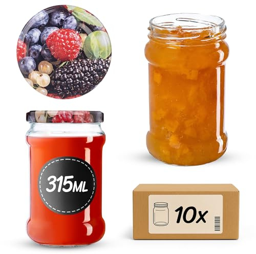 KADAX Tarros de conservas de 315 ml con tapa de rosca fi66 mm, tarros de mermelada, frascos de rosca con tapa, tarros para mermelada, miel, mermelada, tarros de conservas (10 unidades)