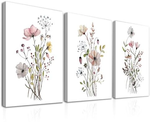 Dazzlewall 3 PCS Framed Wildflower Wall Art Minimalist Flower Prints, Botanical Floral Canvas Wall Art Poster for Bedroom Living Room Decor 12x16 in