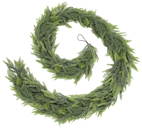 ZIJIN 9ft Real Touch Norfolk Pine Garland Realistic Christmas Greenery Garland for Table Mantle Fireplace Indoor Outdoor Xmas Decor