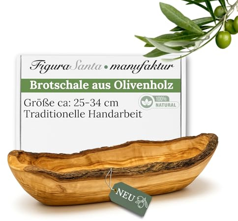 Figura Santa Olivenholz Brotschale- Handgefertigte Holzschale mit glattem Rand, rustikale Schüssel für Brot, Snacks & Antipasti, nachhaltige mediterrane Tischdekoration(25-34 cm)