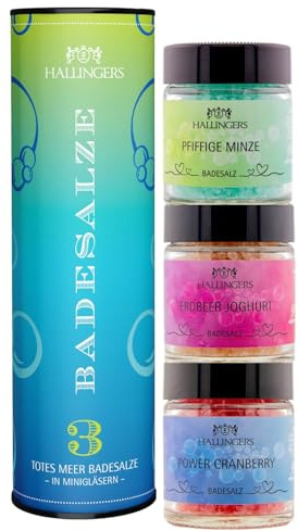 Hallingers Genuss Manufaktur Badesalze Geschenk-Set - 3x Badezusatz mit Totes Meer Badesalz edle Geschenkdose, Badekristalle Fußbad & Spa Badesalze, Geschenkidee für Frauen Freundin