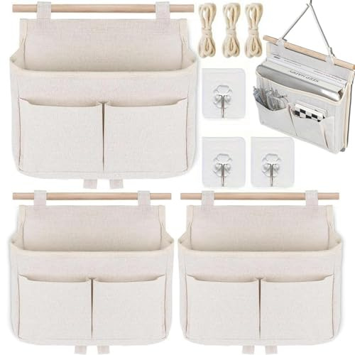 3 Stück Hängende Aufbewahrungstasche, Leinen Organizer mit 3 Fächern & Klebehaken, Hohe Kapazität Tür, Wand Aufbewahrung für Zuhause, Bad, Büro, Wohnmobil (Beige)