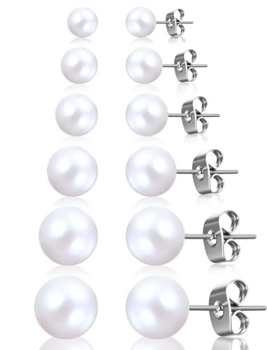 6 Pairs Pearl Earrings for Women, Stainless Steel Pearl Stud Earrings 3-8mm Earring Studs for Birthday Valentines Day Gifts