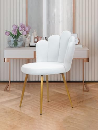 toxaaiwr Vanity Chair for Makeup Room, Flower Shape Velvet Chair with Tufted Back Nordic Style Dressing Table Stool with Gold Legs for Living Room, Bedroom, Makeup White 19.7 x 19.7 x 31.52