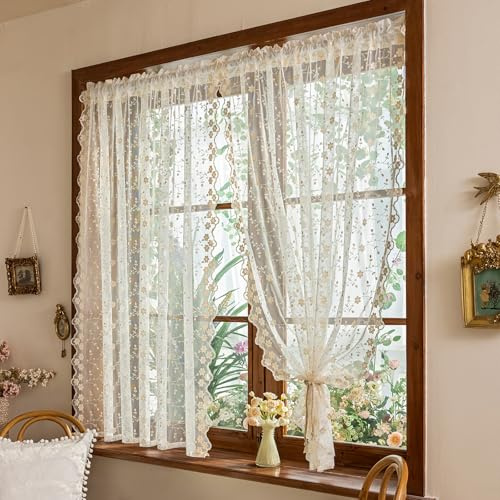 KnBoB Scheibengardinen Landhausstil mit Stickerei, Bistrogardine Pflaumenblüte Muster, Voile Spitzengardine, Transparent, Französischer Stil, Küchengardine, 2 Stück, 100x140 cm, Beige
