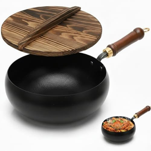 SZKKQKJ Sartén de hierro con tapa de madera, olla de hierro japonesa, sartén de hierro forjado, sartén de hierro forjado a mano sin revestimiento, sartén terca de hierro fundido de 28 cm para cocina