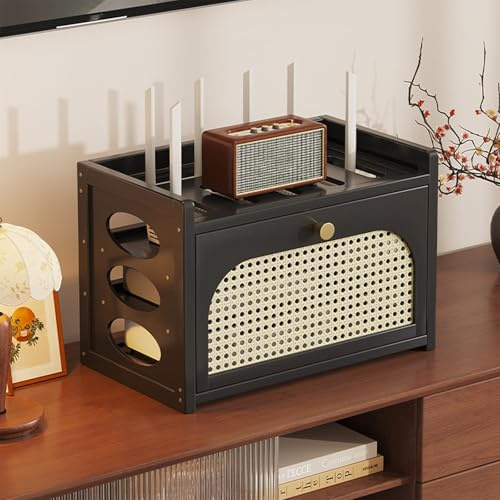 Caja oculta para router WiFi con estante organizador, diseño decorativo calado para módem, gestión ordenada de cables y regleta escondida, instalación sencilla para el hogar(Nero,31*20*28cm)