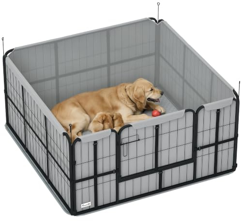 PawHut Wurfkiste für Welpen für große Hunde 122 x 122 x 60 cm Schwarz | Wurfbox Welpenlaufstall, Waschbare Wurfunterlage, Winddichtes Oxford-Gewebe, Tür, Hundelaufstall Welpenauslauf