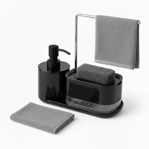 Jabonera Cocina, Organizador de Cocina con Bandeja y Soporte para Esponja y Bayeta, Detergente Recargable, Dispensador de Jabón, Porta Eponjas, Accesorios de Cocina (Negro)