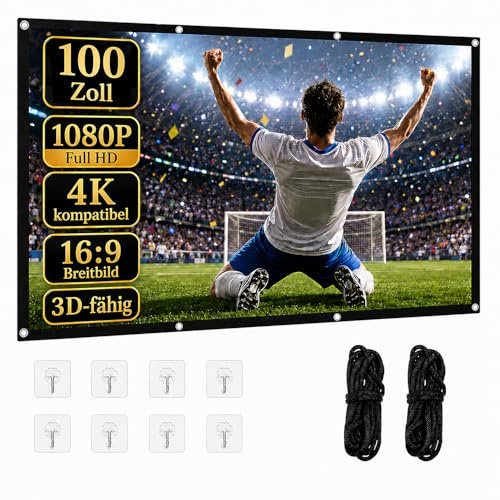 DDIOYIUR 100 Zoll Beamer Leinwand 16:9, Faltbar Faltenfrei Tragbare Projektorleinwand für Heimkino Outdoor Indoor, Unterstützt Beidseitige Projektion, 221cm*124cm