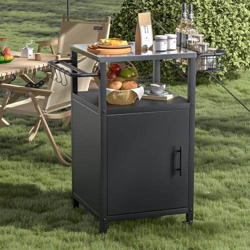 Skokliz Grillwagen Grilltisch Outdoor Grill Trolley Küchenwagen, Grill Beistelltisch mit Schrank und 2 Rollen, wetterfest, multifunktionaler Edelstahl für BBQ und Garten