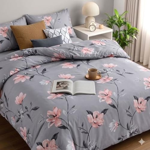 Floral Duvet Cover Set Double Bed 4 Piece, Soft Microfiber Bedding Set with Pillowcases & Fitted Sheet, Breathable Quilt Cover, Modern Flower Double Duvet Set UK (Blossom Grey, Double)