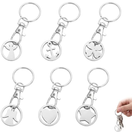Uppsättning av 6 kundvagnschip nyckelringar av metall, avtagbart shoppingskepp med karbinhakar, praktisk kundvagnslösning för nyckelring, vagn pollett, silver, 7,5 x 2,3 cm