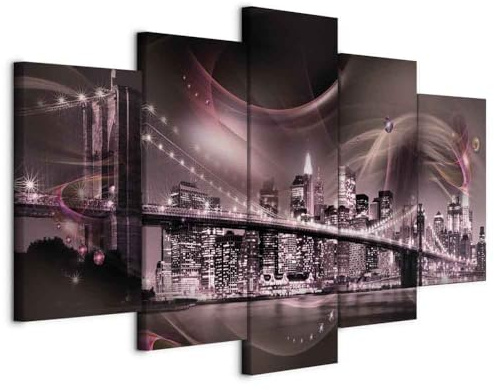 murando - Wandbilder XXL New York 200x100cm 5 tlg - Wand Deko Leinwand Bilder Groß Wanddeko Wohnzimmer Schlafzimmer Kunstdrucke - City Brooklyn Bridge Stadt Architektur Abstrakt rosa