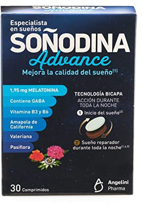 Soñodina Advanced 30 Comprimidos - Complemento alimenticio con Melatonina, GABA, Vitaminas B3 y B6, extractos de Amapola de California, Valeriana y Pasiflora - Ayuda a mejorar la calidad del sueño