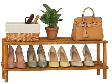 Wooden Shoe Rack - Footwear Storage Organiser Unit Shelf Dvd Books Tier Slated | Storage Stackable Organiser Multi-use - Easy To Assemble, Space Efficient, Hallway Front Door (Walnut Effect, 2 Tier)