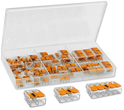Wago Verbindungsklemmen-Set, 61 Stück, bestehend aus folgenden Klemmen: 27 x 221-412, 20 x 221-413, 14 x 221-415, in Aufbewahrungsbox