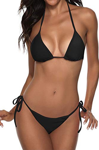 Suvimuga Costume da Bagno Sexy da Donna a Due Pezzi, Bikini a Triangolo con Allacciatura al Collo, Nero, M