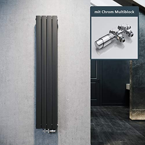 ELEGANT Design Heizkörper Flach 1600x308mm mit Chrom Multiblock Thermostat Flachheizkörper Anthrazit Doppellagig Vertikal Heizkörper Mittelanschluss