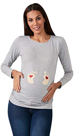 M.M.C. Impronta Bambino - Simpatica graziosa T-Shirt Premaman Manica Lunga per la Gravidanza (Grigio, Medium)