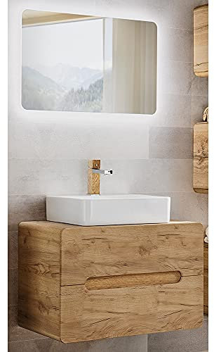 Lomadox Badezimmer Waschplatz Set Wotan Eiche Nb., 80 cm Waschtisch-Unterschrank, Keramik-Waschbecken, LED-Spiegelschrank