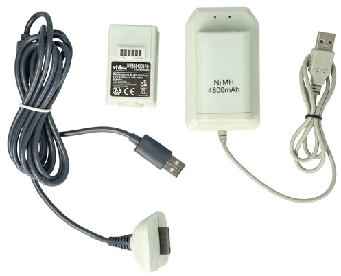 vhbw kit Play&Charge compatibile con Microsoft Xbox 360 Controller - 1x caricabatterie, 1x cavo di alimentazione, 2x batteria, nero/bianco/grigio