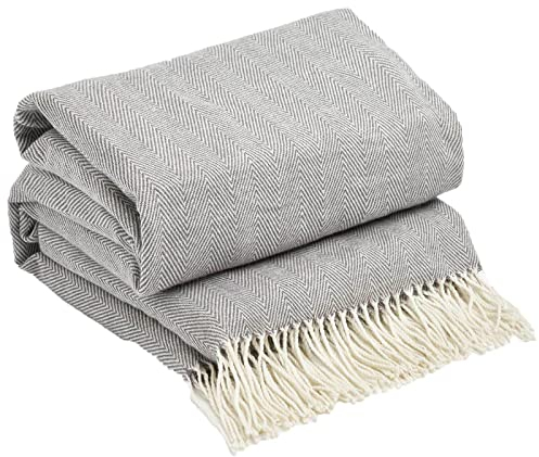 Highams Herringbone Chevron Soft Knit Tassel Fringe Fleece Throw Over for Chair Large Sofa Bed Blanket, Charcoal Grey - 150 x 200cm