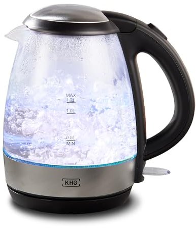 KHG Wasserkocher WK-121GES Glas LED, 1,2 Liter, abwaschbarer Kalkfilter, Wasserstandsanzeige, Öffnen per Knopfdruck, Trockengehschutz & Abschaltautomatik, verdecktes Heizelement, BPA-frei, 2200 Watt