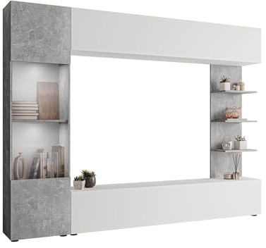 Mirjan24 Wohnwand Lazando, 4-teilig, weißer LED (Weiß/Beton) | Anbauwand mit Hängeschrank, Vitrine, TV-Lowboard und Wandregal, 7 Fächern und grifflosen Fronten, B/H/T: 250/187/30 cm