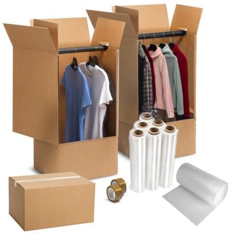 Mottola Packaging - Kit Trasloco Completo – 10 Scatole 60x40x40, 20 Scatole 60x30x30, 2 Scatole Appendi Abiti, Pluriball 6 m, 2 Nastri Adesivi