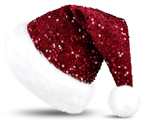 KONVINIT Cappello di Natale per Adulti con paillettes,Caldo Cappelli di Natale, Cappello di Babbo Natale,Cappello X-Mas per Natale Decorativo Cappello Natale Per uomo e donna,rosso