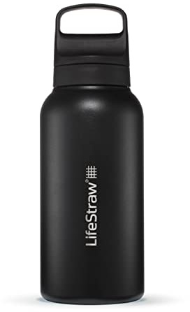 LifeStraw Go Series — Isolerad vattenflaska i rostfritt stål för resor och daglig användning tar bort bakterier, parasiter och mikroplast, förbättrar smaken, 1 L nordisk noir