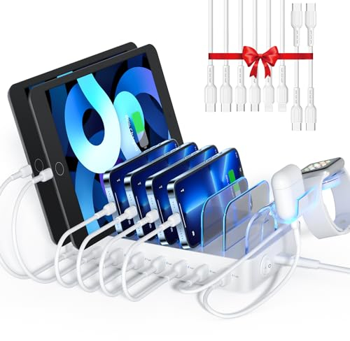 SooPii Station de Charge USB C à 8 Ports pour Plusieurs appareils, avec 1 Port PD 20W, 8 câbles de Charge Mixtes et 1 Support amélioré pour Chargeur lWatch et Air-Pods, Blanc