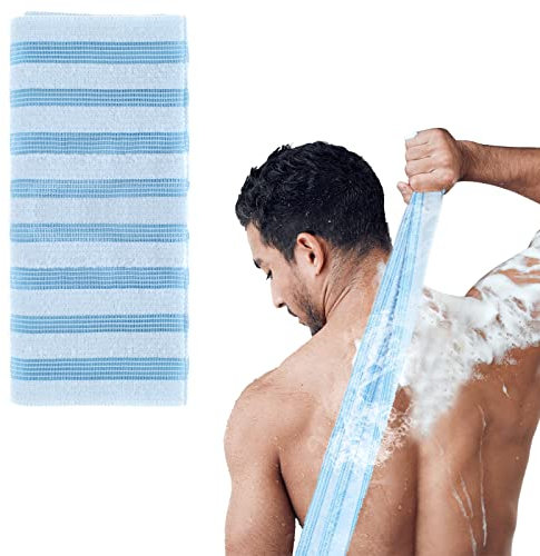 Sibba 1 PC Back Scrubber Cloth Loofah Shower Exfoliating Body Foot Scrub Brush Cleaning Shower Washer Towel Exfoliator Long Handle Hand Wash Massage Bar Soap Foams Up Bath(Blue), 1.0 count