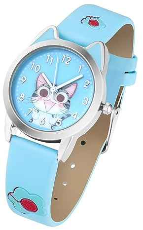 Taffstyle Kinder Armbanduhr Leder Katze Motiv Lederuhr Analog Quarz Bunte Uhr Farbige Kinderuhr Mädchen Lernuhr Mädchenuhr Hellblau